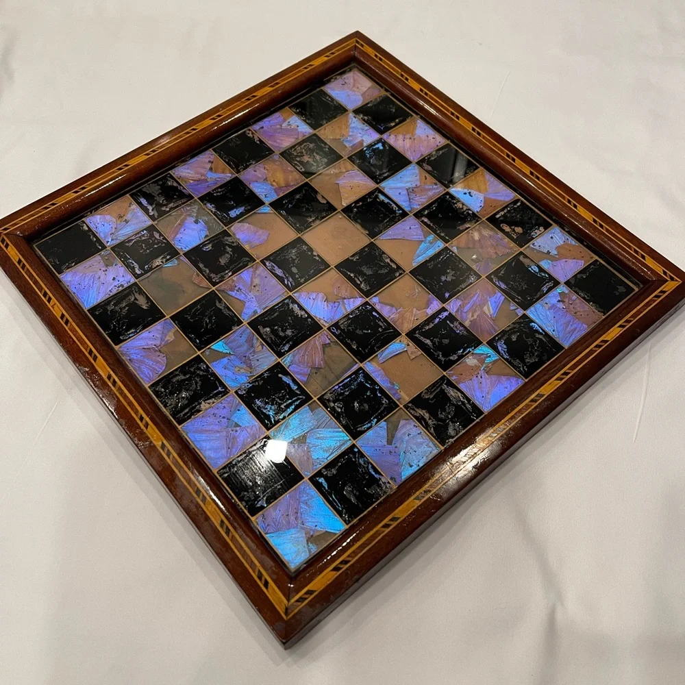 Vintage Chess Checker Board Rare Butterfly Wing Artwork Real inlaid wood BRAZIL - Picture 16 of 16